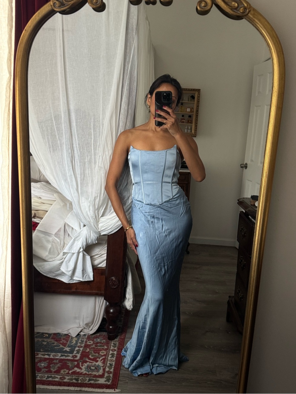 Meshki Strapless Satin Corset Evening Gown in Light Blue